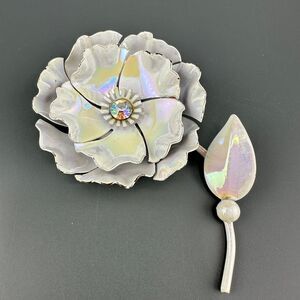 Vintage Enamel Flower Brooch White Iridescent Long Stem AB Rhinestone Center